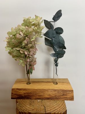Vase auf Eichenholz / Reagenzgläser