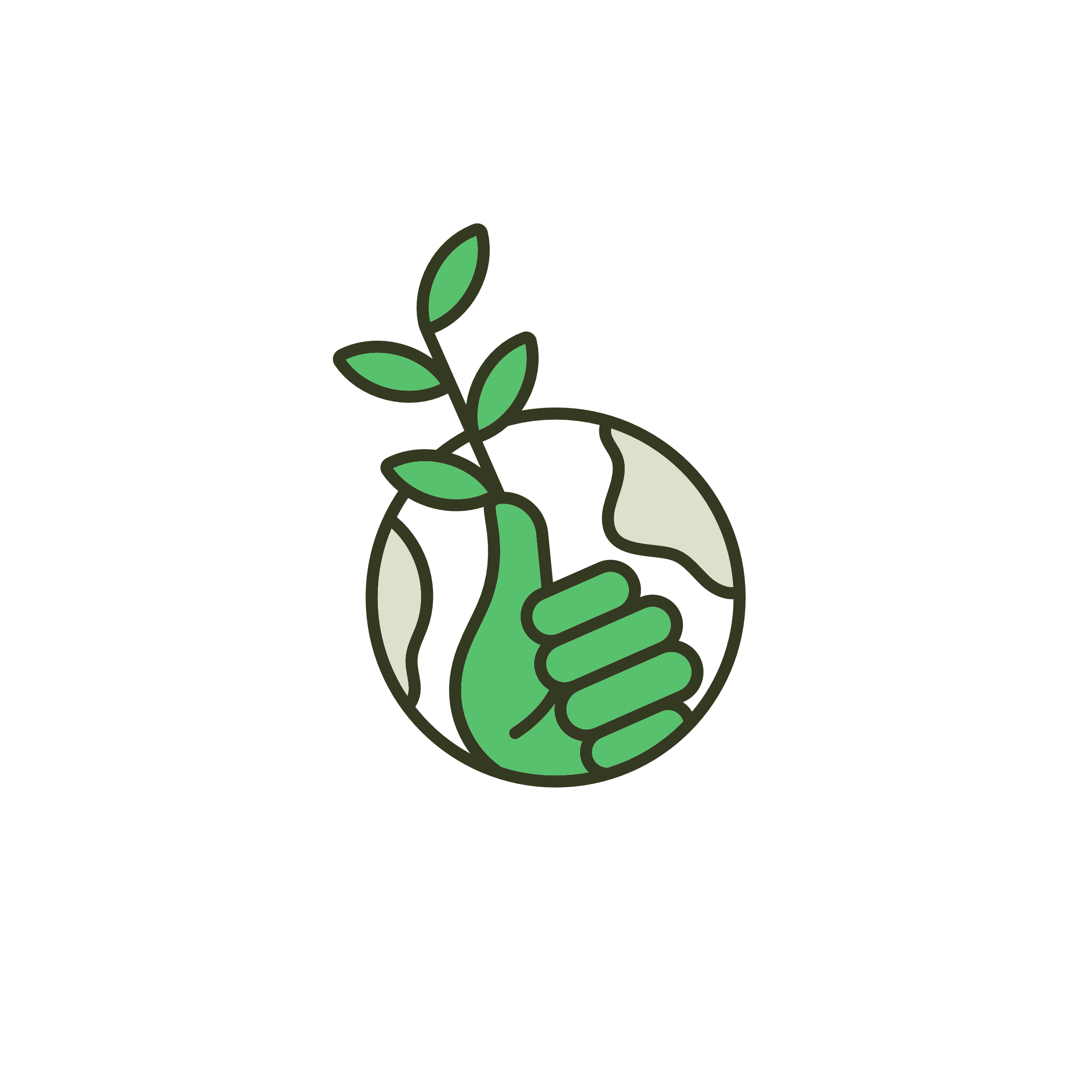 Logo mit grünem Daumen vor einem Globus